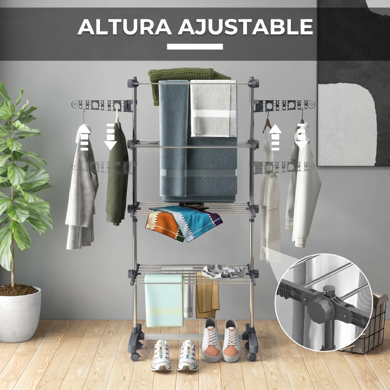 HOMCOM Tendedero Vertical de 4 Niveles con Ruedas 2 Laterales Abatibles Estantes Ajustables y Marco de Acero Gris y Plata