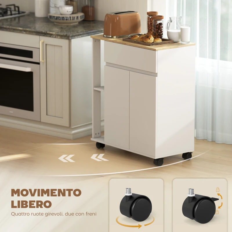 HOMCOM Carrello Cucina con Cassetto, Armadietto e 2 Ripiani Laterali, in Legno, 78x39.5x88.5 cm, Bianco e Rovere