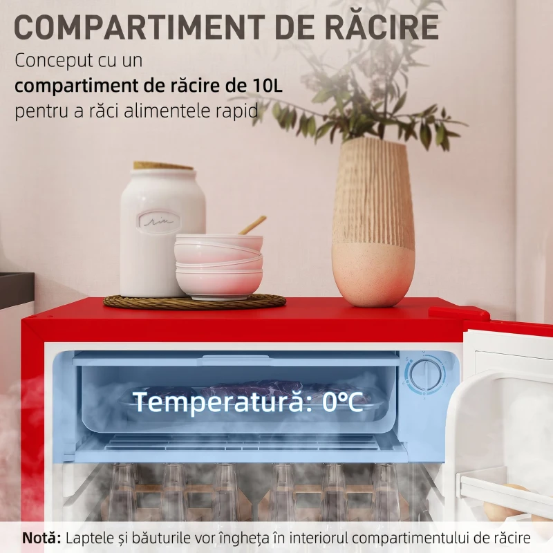 HOMCOM Frigider Compact 91L Ușă Reversibilă cu Congelator și Temperatură Reglabilă, Roșu