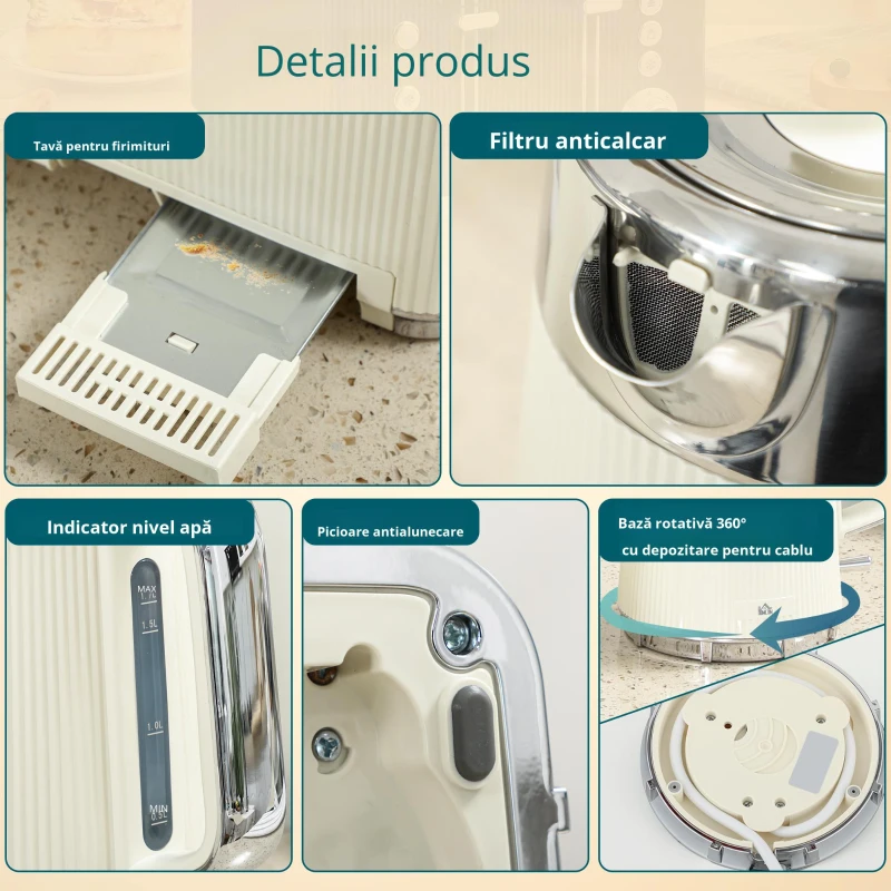 HOMCOM Fierbător 1,7 L 2200 W cu funcție de fierbere rapidă, filtru anticalcar și prăjitor cu 4 fante și 7 trepte de rumenire, alb-crem