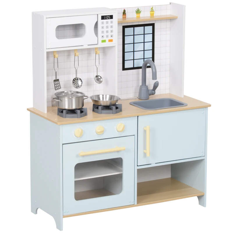 AIYAPLAY Speelgoedkeuken voor kinderen met magnetron, kookplaat, oven en keukengerei, compacte speelkeuken met opbergruimte voor kinderen vanaf 3 jaar, blauw