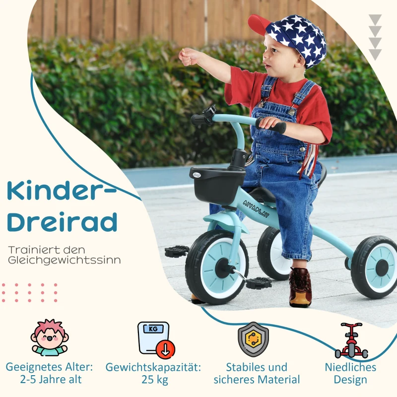AIYAPLAY Driewieler voor kinderen van 2-5 jaar, in hoogte verstelbare stoel, bel, fietsmand, metalen frame, blauw