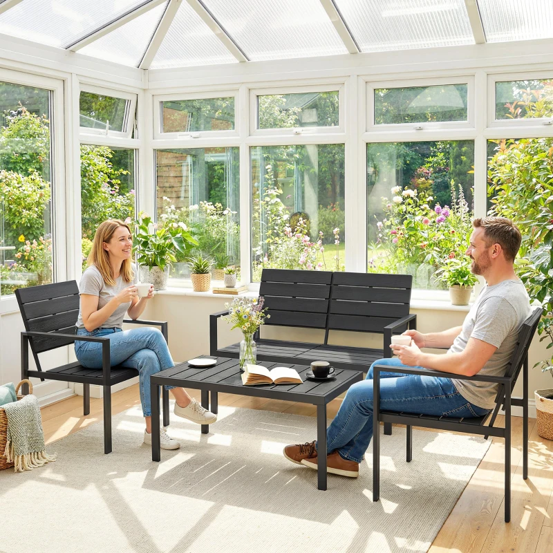 Outsunny Conjunto de Muebles de Jardín para 4 Personas con Sofá de 2 Plazas 2 Sillones Mesa de Centro Negro