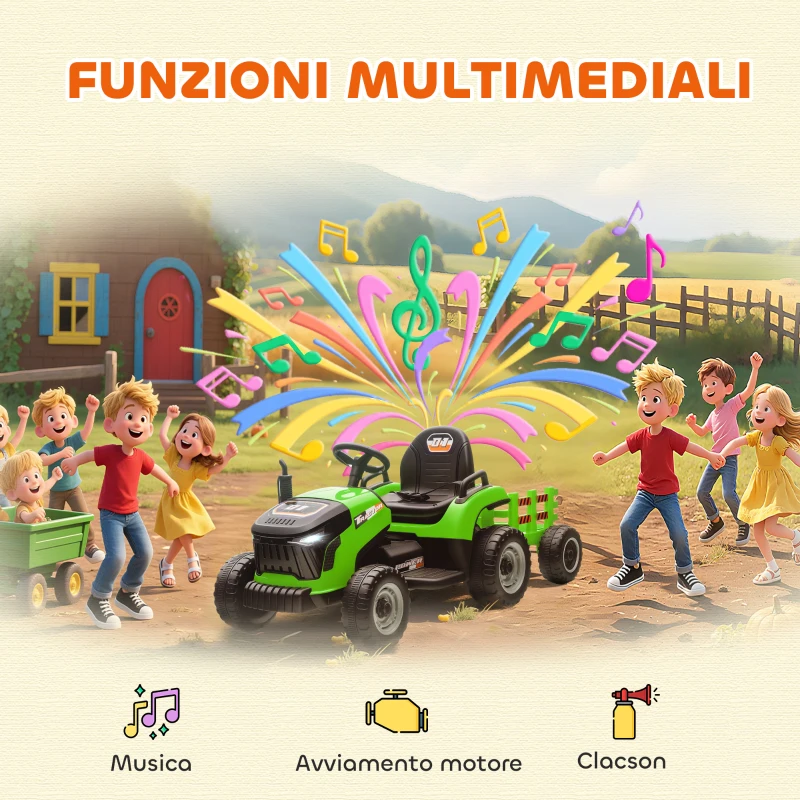 AIYAPLAY Trattore Elettrico per Bambini con Rimorchio Staccabile e Telecomando, in Plastica e Metallo, 139x58x55 cm, Verde