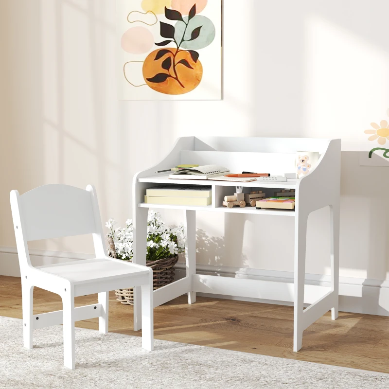 AIYAPLAY Ensemble bureau et chaise pour enfant 3 à 8 ans avec compartiments et étagères ouverts, blanc