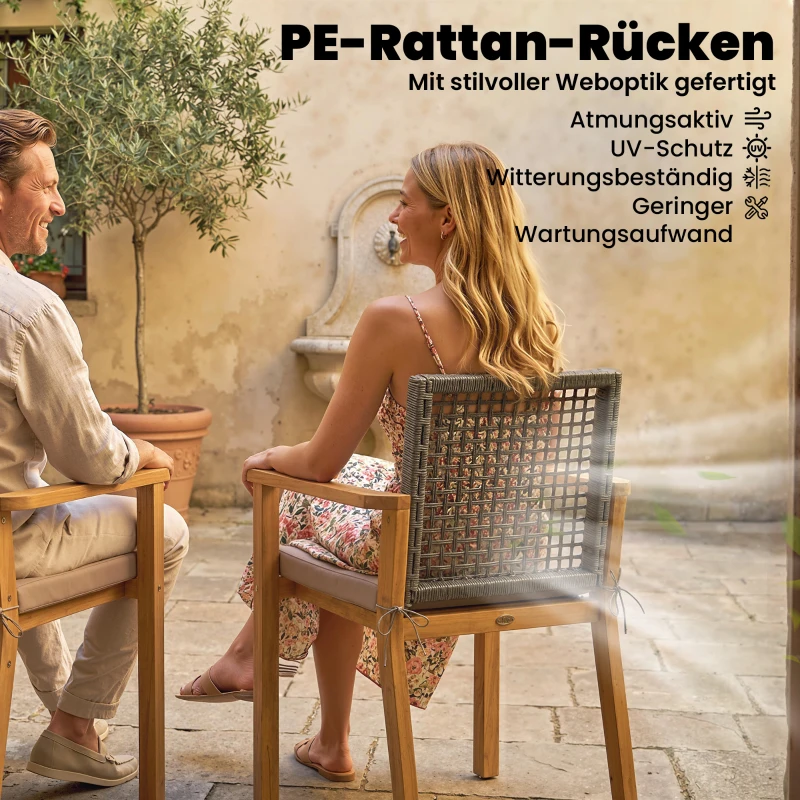 Outsunny Gartenstühle 2er Set FSC Akazienholz Stapelbar Holzstühle mit Rattan-Rückenlehne abnehmbaren Kissen Armlehne