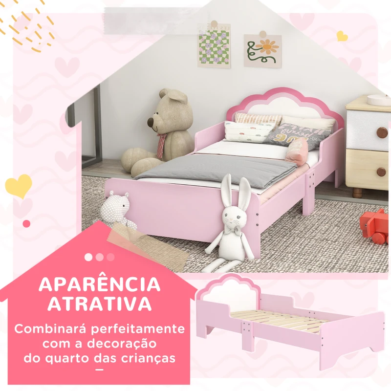 ZONEKIZ Cama para Crianças 70x140 cm com Barreira Antiqueda e Estrado Cama Infantil com Cabeceira em Forma de Nuvem Rosa
