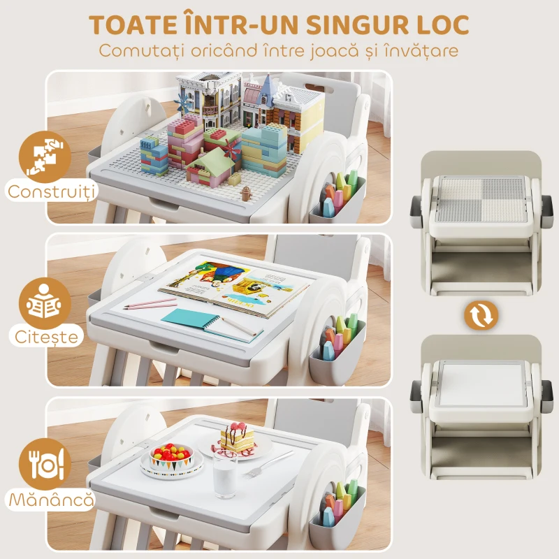 AIYAPLAY Masă Multifuncțională pentru Copii cu Raft de Depozitare și Sertare, din HDPE și PP, Gri și Alb