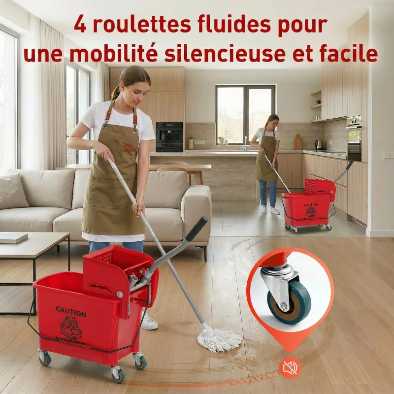 HOMCOM Chariot de ménage chariot de lavage essoreuse latérale seau 20 L, poignée et serpillère, 45 x 26,5 x 70 cm, rouge