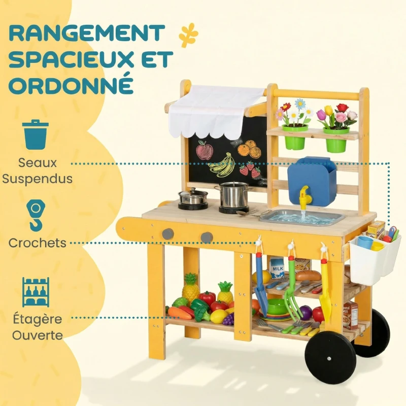 AIYAPLAY Cuisine enfant en bois avec roulettes, cuisine enfant exterieur avec eau courante, évier, plaque de cuisson, jaune