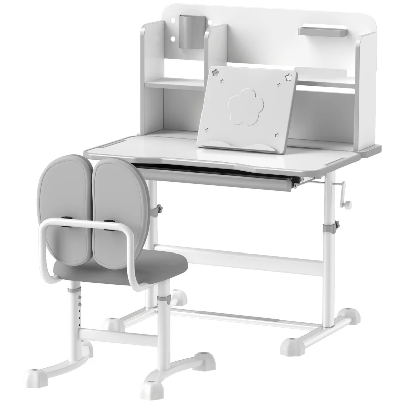 AIYAPLAY Set Scrivania e Sedia per Bambini Regolabili, Banco Scuola con Piano Inclinabile, Cassetto, Scaffale, Grigio