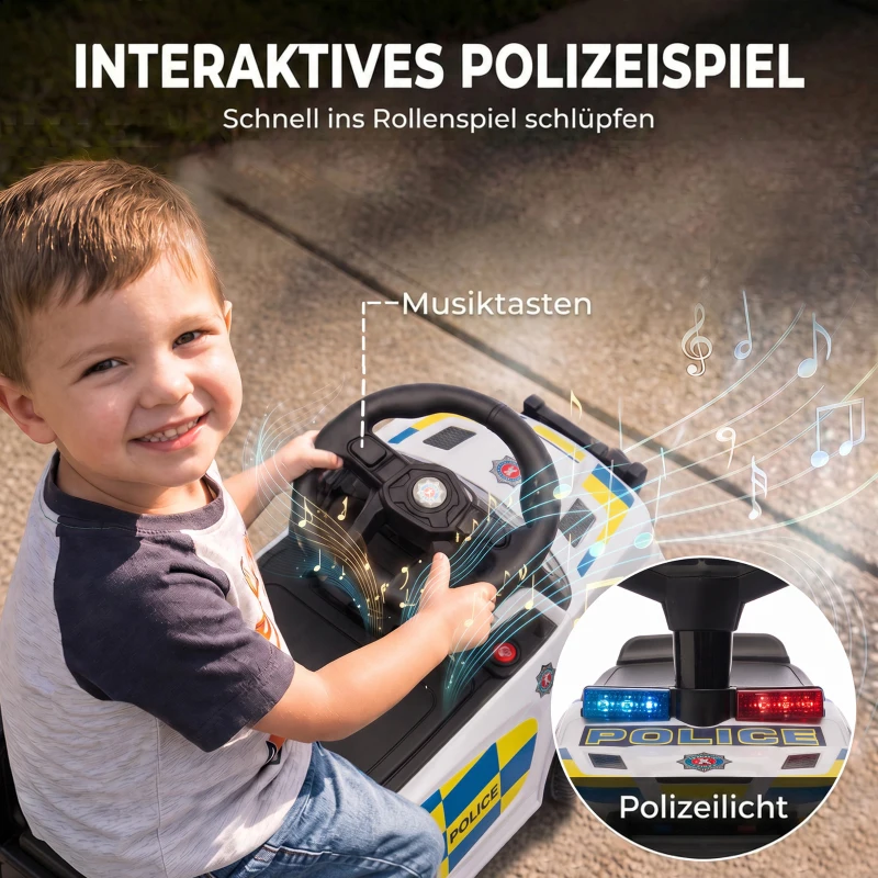AIYAPLAY Kinderloopauto Politie met Muziek, Verlichting, Anti-kipbescherming en Opbergruimte, 18-36 Maanden, Wit