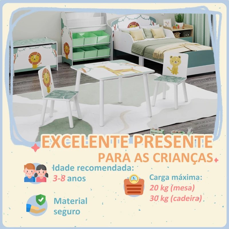 AIYAPLAY Mesa e Cadeiras para Crianças de 3 Peças Mesa Infantil com 2 Cadeiras em Madeira com Desenhos de Leões Verde