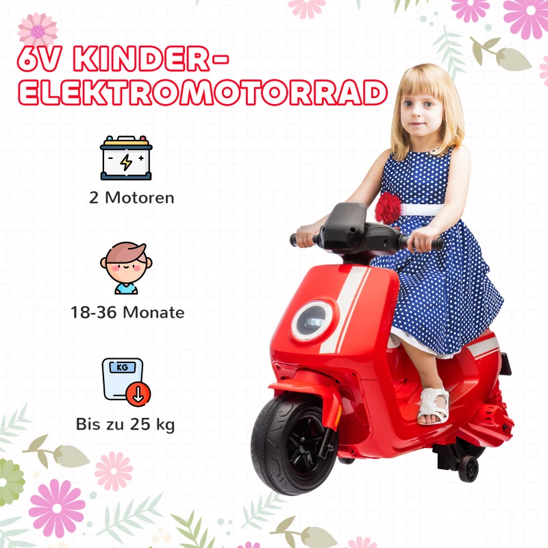 AIYAPLAY 6V Elektrische Kindermotor met Koplamp en Muziek, Voor- en Achteruit, Trainingswielen, 18-36 Maanden, Rood