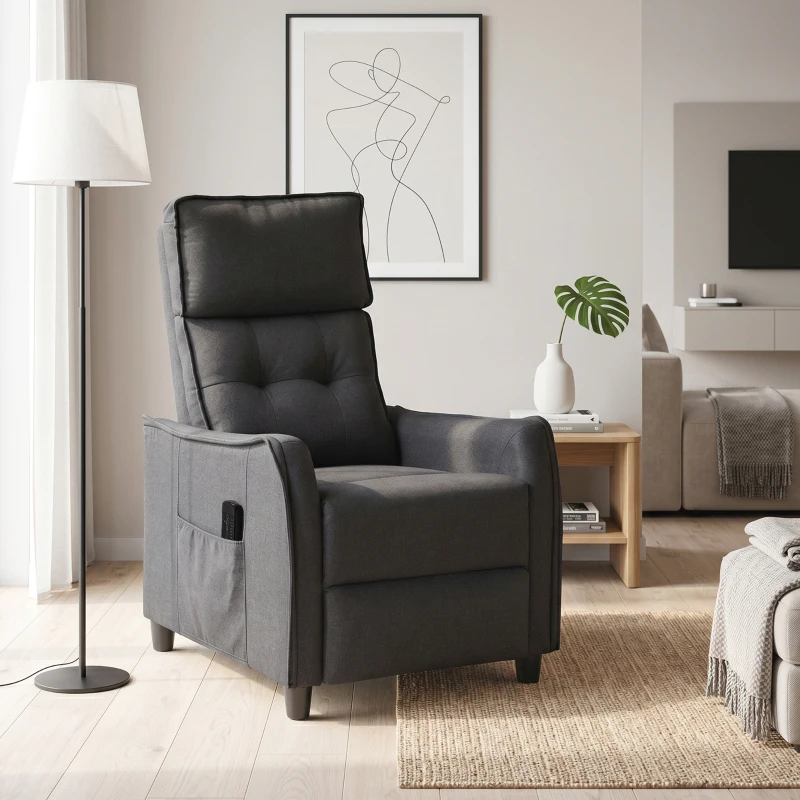 HOMCOM Poltrona Massaggiante e Reclinabile a 160° con Poggiapiedi e Telecomando, 69x93x104 cm, Effetto Lino Grigio Scuro