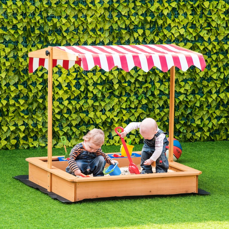 Outsunny Arenero Infantil de Madera con Techo Inclinable Ajustable en Altura y 2 Cubetas de Plástico Cajón de Arena de Jardín para Niños +3 Años 107,5x107,5x110 cm Natural