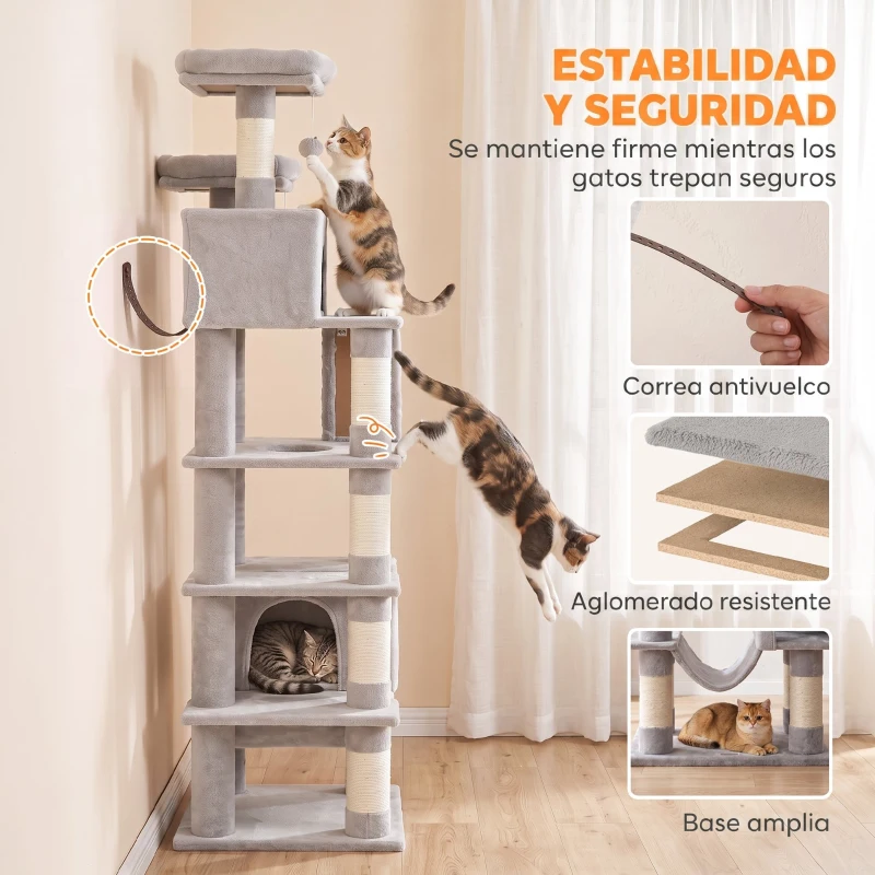 PawHut Árbol Rascador para Gatos 204 cm Multinivel con 2 Cuevas Hamaca 2 Camas Postes de Sisal Escalera y 2 Bolas Gris Claro