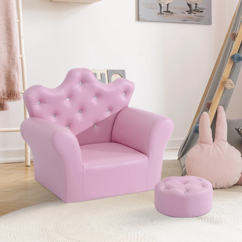 HOMCOM Children Kids Sofa Set Armchair Chair Seat with Free Footstool PU Leather for Girls 58L x 40.5W x 49H cm Pink