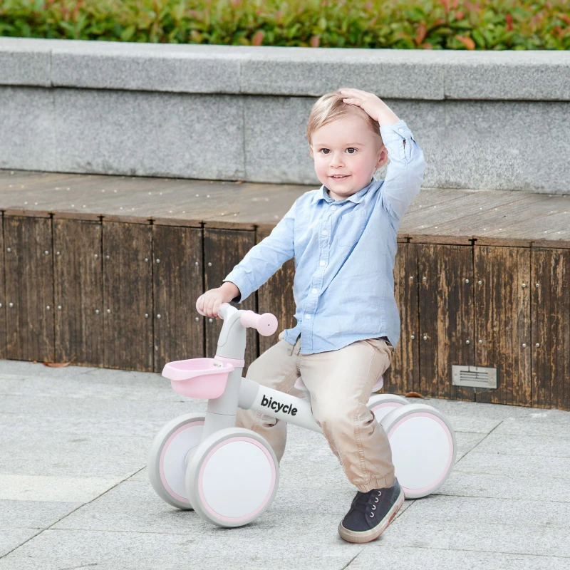 AIYAPLAY Bicicleta sin Pedales para Niños de 12-36 Meses con Asiento Ajustable Cesta y 4 Ruedas Silenciosas 56x27x39 cm Rosa