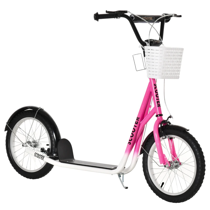 HOMCOM Trottinette patinette Enfant Grandes Roues pneumatiques Guidon réglable Frein AV-AR Garde-Boue béquille Panier métal Rose Blanc