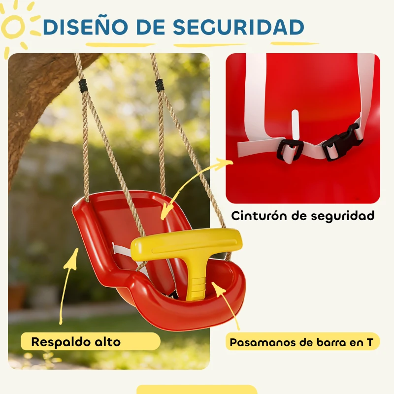 AIYAPLAY Columpio Infantil Cuerda Ajustable con Respaldo Alto Barandilla de Seguridad en T para Interior Exterior Rojo