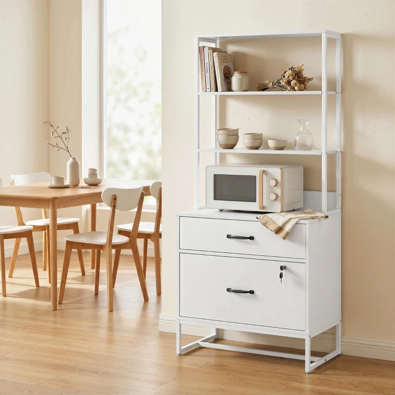 HOMCOM Mueble Archivador con Estantería 2 Cajones Encimera para Impresora Cerradura para A4 Letter Legal Blanco