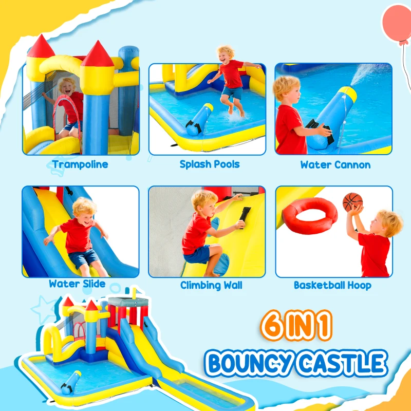 AIYAPLAY Inflatable Bouncy Castle, Kids Water Bounce House 6 in 1 with 550W Blower, 2 Slides for Garden, Party, Outdoor Indoor