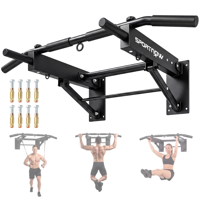 SPORTNOW Pull Up Bar Wall Mounted Chin Up Bar with Folding Design, 3 Hooks for Resistance Bands, Supports up to 120 kg, Black