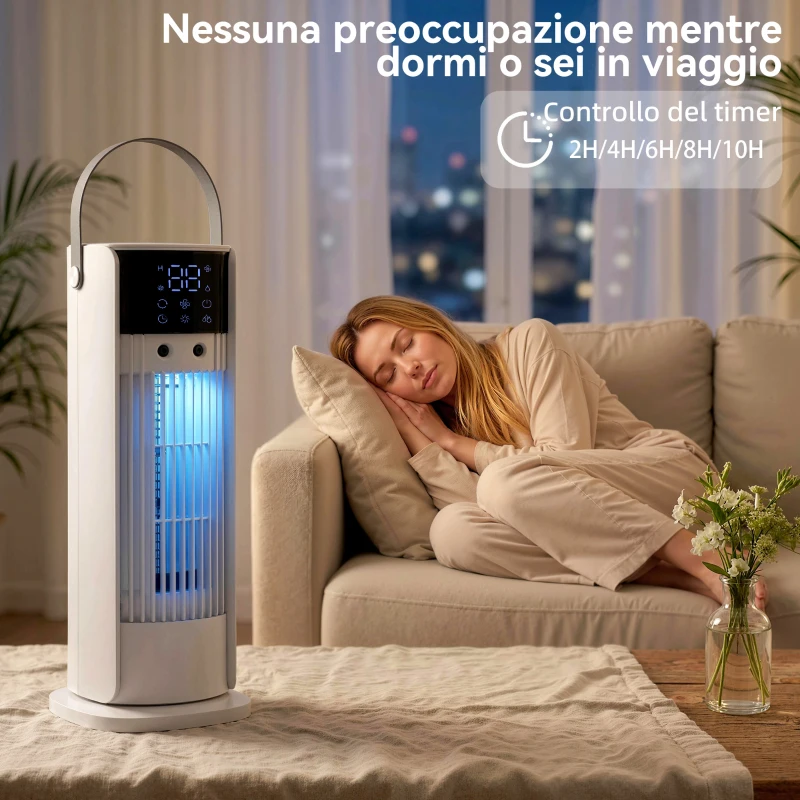 HOMCOM Ventilatore a Tavolo con Nebulizzazione, Telecomando, Maniglia, Luci LED, 3 Velocità, Timer 10H, Bianco