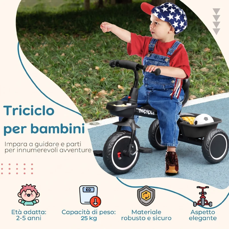 AIYAPLAY Triciclo per Bambini 2-5 Anni con Seduta Regolabile, Bicicletta per Bambini con Cestino e Parafango, Nero