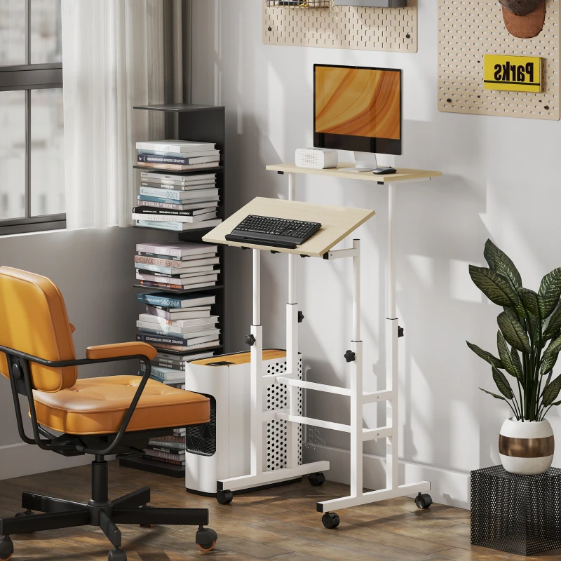 HOMCOM Bureau assis debout bureau réglable en hauteur 60 x 60 cm à roulettes avec plateau inclinable cadre en métal naturel