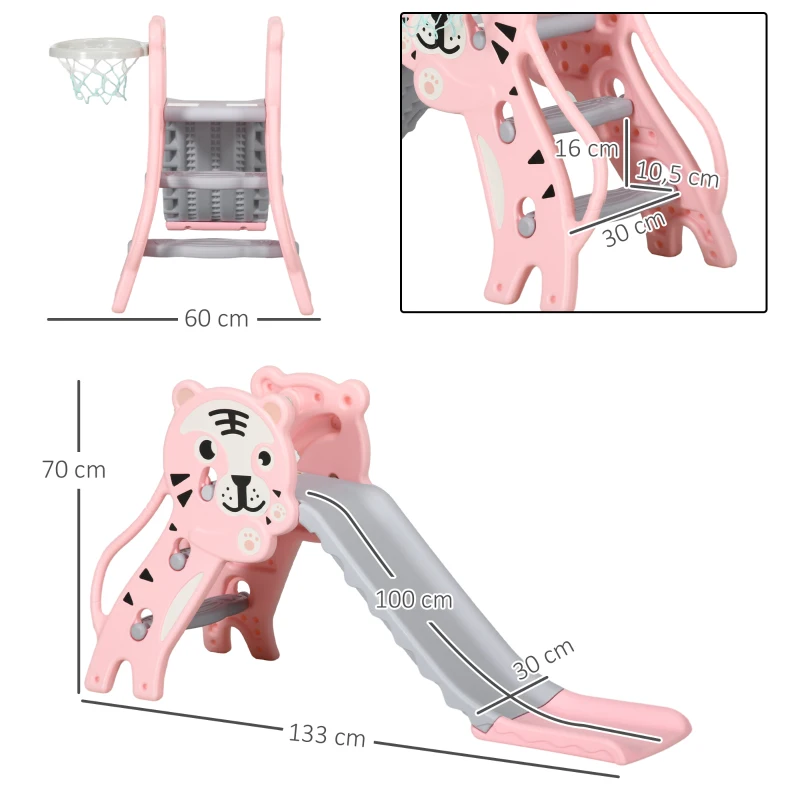 AIYAPLAY Toboggan pour enfants, toboggan intérieur pour enfants, avec panier de basket, thème tigre, de 18 à 36 mois, rose