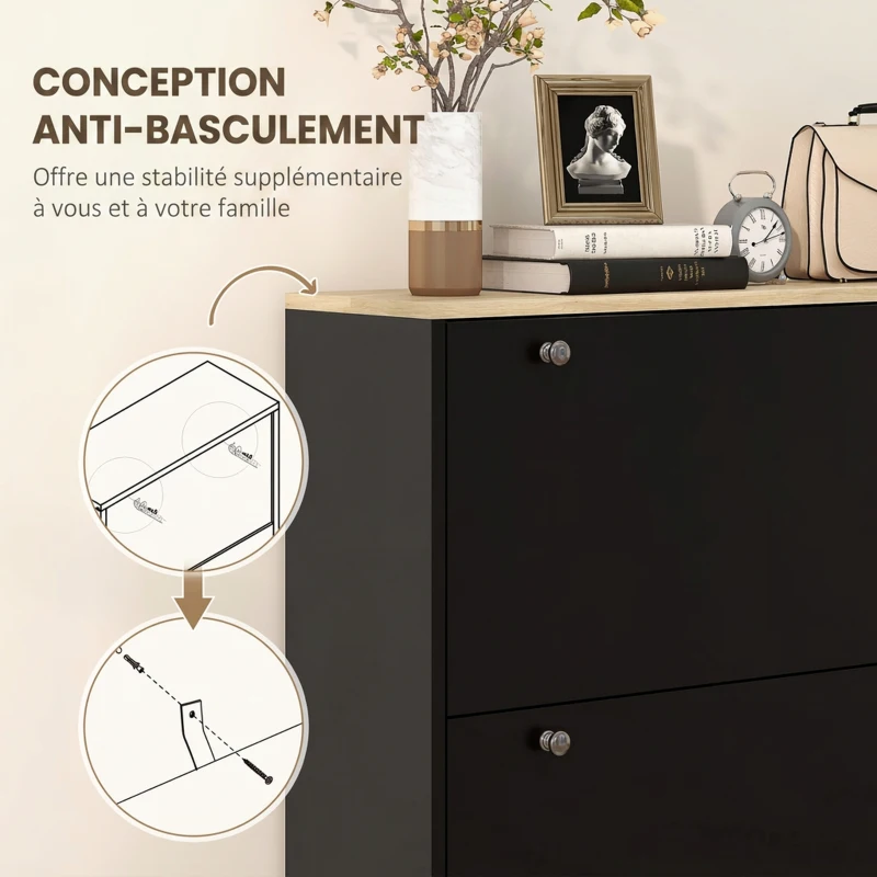 HOMCOM Meuble à Chaussures 24 Paires, Armoire à Chaussures Étroite avec 3 Tiroirs Rabattables, Étagères Réglables, Noir