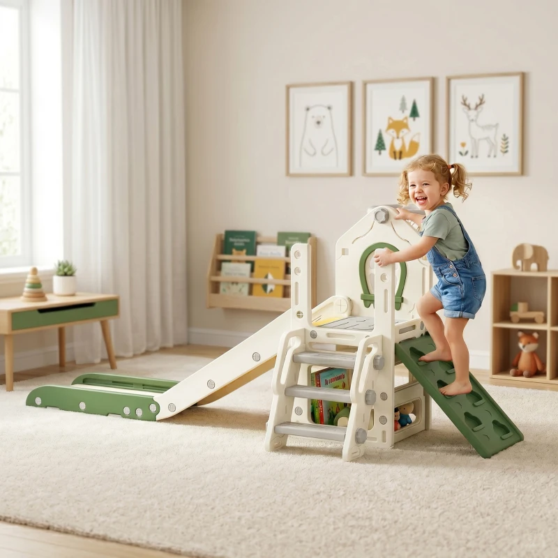AIYAPLAY Toboggan pour Enfant Pliable 5-en-1 avec Escalade, Panier de Basket, Espace de Rangement et Ballon, Crème