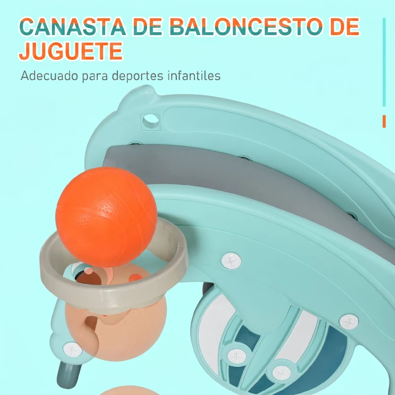 HOMCOM 3 en 1 Caballo Balancín para Niños con Tobogán Aro de Baloncesto Set de Juegos Multifuncional con Superficies Suaves 18-36 Meses con Forma de Rana Delfín 72x34x47 cm Verde