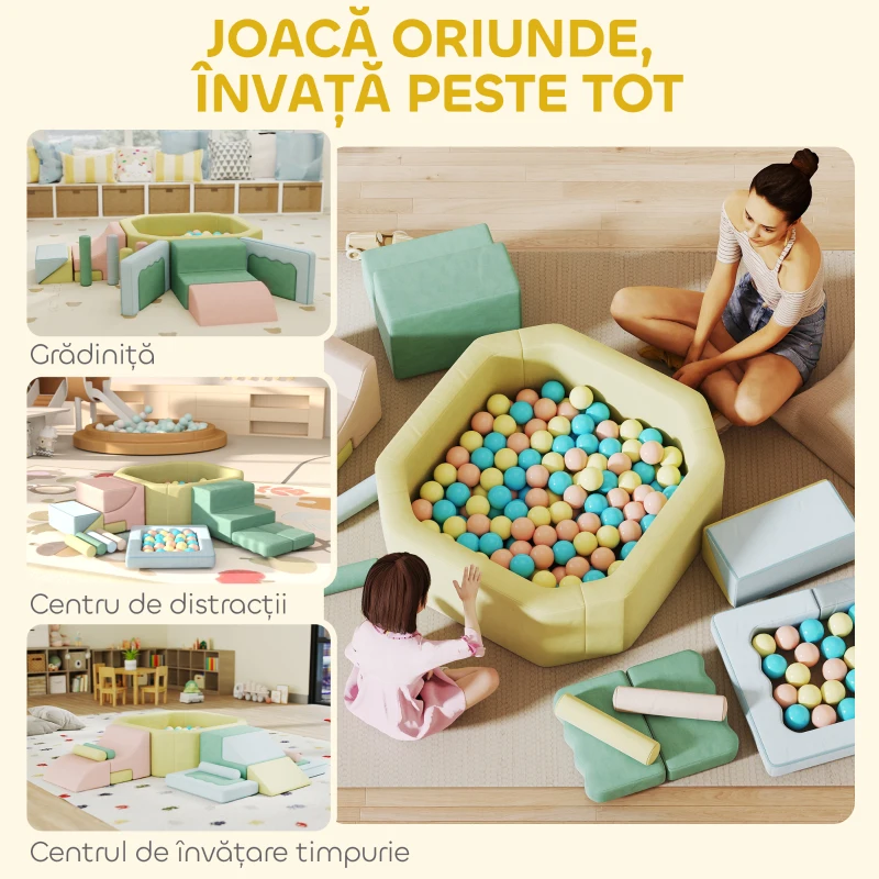 AIYAPLAY Set 15 Blocuri de Construcții Moi Modulabile pentru Copii cu 200 Bile pentru Uz Interior, Multicolor
