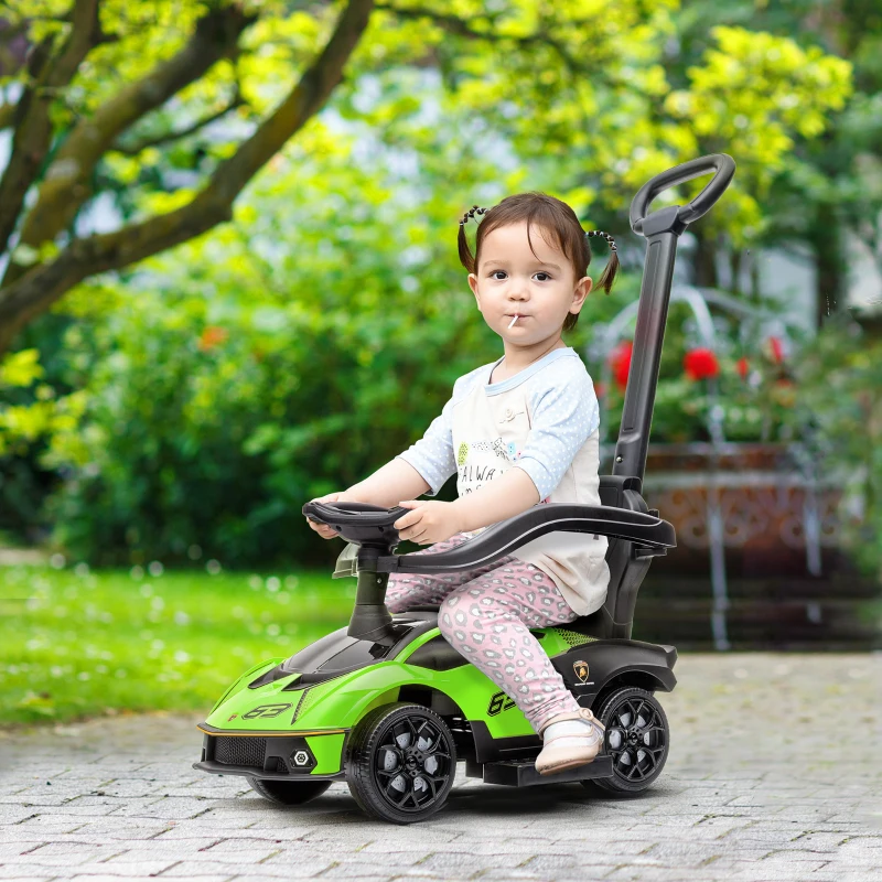 AIYAPLAY Lamborghini Macchinina per Bambini 2 in 1 con Maniglione e Barriera di Sicurezza, Volante e Clacson, Auto per Bambini in PP e Metallo, 86.5x40x89.5 cm, Verde