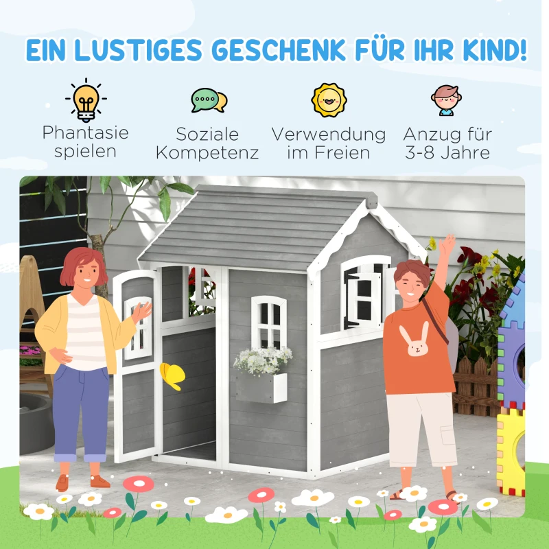 Outsunny Speelhuis voor kinderen, huis voor binnen en buiten met deur, ramen en plantenbak, dennenhout, grijs