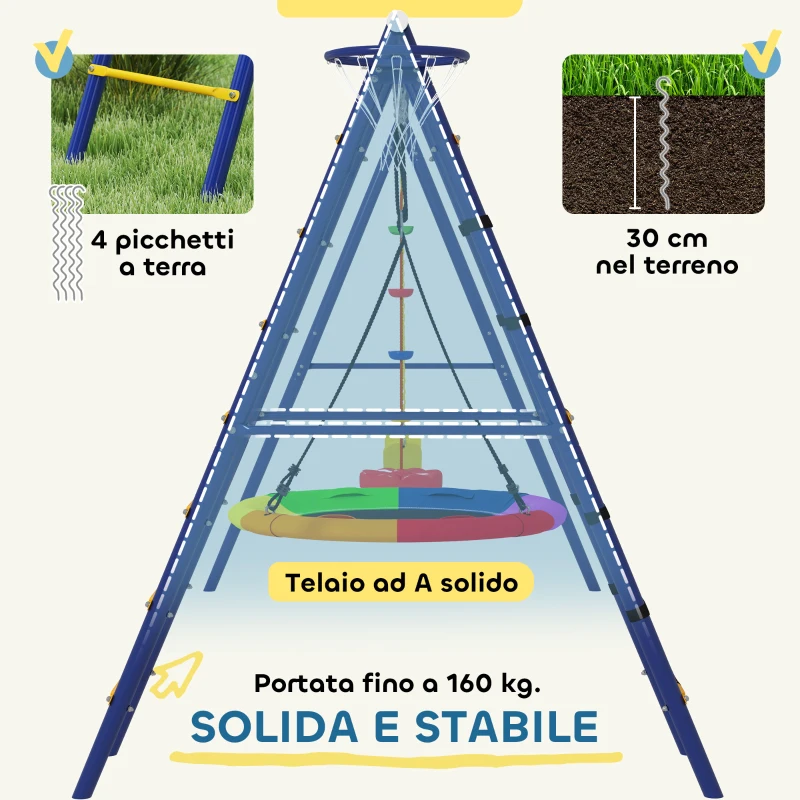 AIYAPLAY Gioco per Bambini 3-8 Anni con 3 Altalene, Scala a Corda e Canestro Basket, in Acciaio, PE e PP, 3.5x1.8x2 m