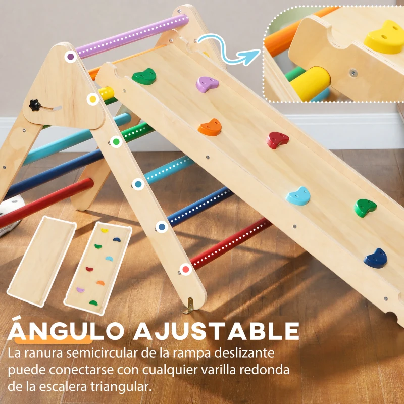 AIYAPLAY Triángulo de Escalada de Madera 3 en 1 con Rampa para Deslizarse o Escalar 147x64,5x63 cm Multicolor
