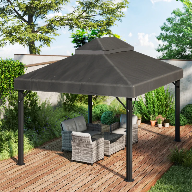 Outsunny Toile de rechange pour pavillon toile de tonnelle 4 x 3 m, double toit avec trous de drainage, polyester 370 g/m², gris