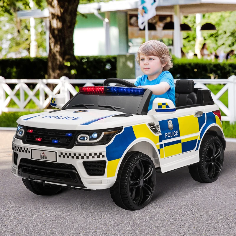 HOMCOM Macchina Elettrica per Bambini della Polizia, 12V Auto Elettrica per Bambini con Telecomando, Sirena Luci Attacco USB per Musica, 110x68x52cm, Bianco