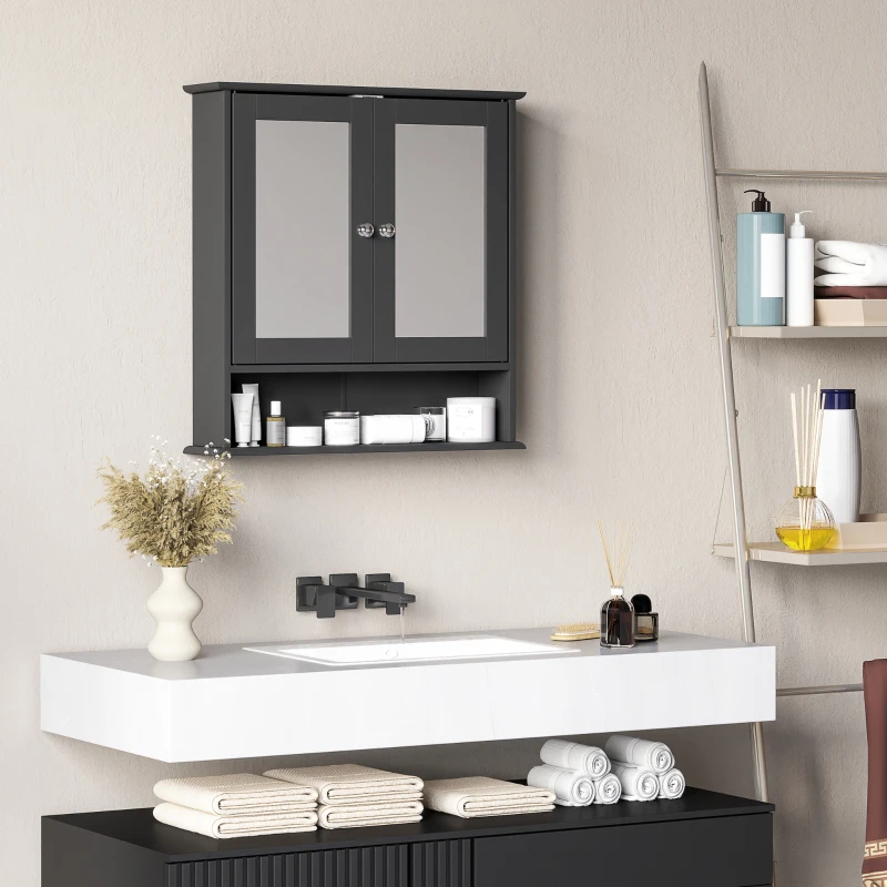 kleankin Armario de Baño con Espejo Armario de Pared con 2 Puertas Estante Abierto Estante Ajustable 56x13x58cm Negro
