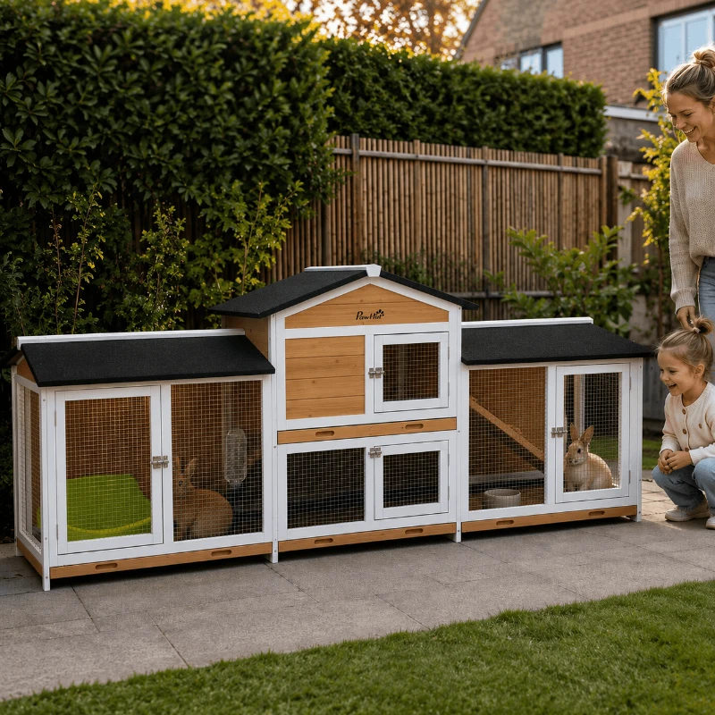 PawHut hok voor kleine dieren dennenhout zwart + wit + naturel - Aosom.nl