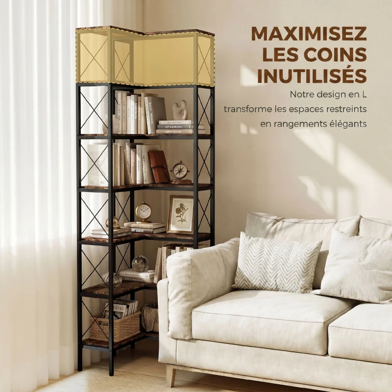 HOMCOM Bibliothèque d'angle à 6 niveaux, meuble de rangement en métal pour salon, chambre, bureau, 60x60x200cm, brun rustique