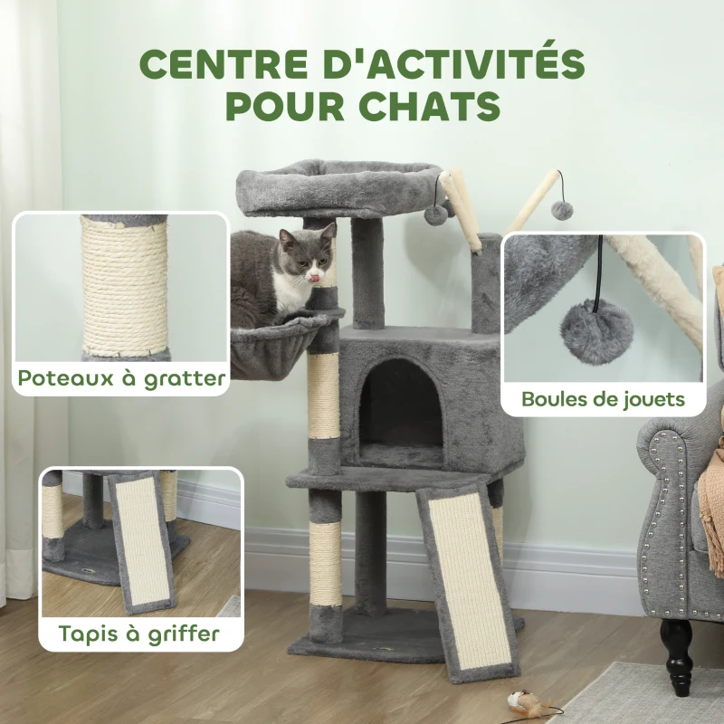 PawHut Arbre à chat tour de jeux pour chats griffoirs et tapis en sisal, plate-forme, niche, hamac, 40,5 x 40,5 x 103 cm, gris