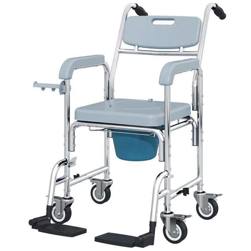 HOMCOM Chaise percée adulte à roulettes, chaise percée de douche avec repose-pieds, dossier et accoudoirs, 53x97x97cm, gris