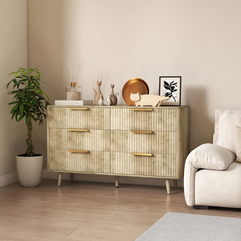 HOMCOM Commode 6 tiroirs scandinave avec poignées et pieds de pin, pour chambre à coucher, salon, couloir, 120x40x76cm, chêne