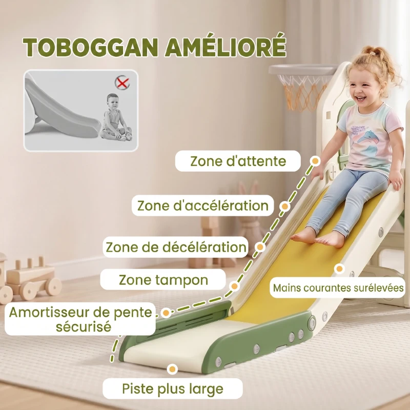 AIYAPLAY Toboggan pour Enfant Pliable 5-en-1 avec Escalade, Panier de Basket, Espace de Rangement et Ballon, Crème
