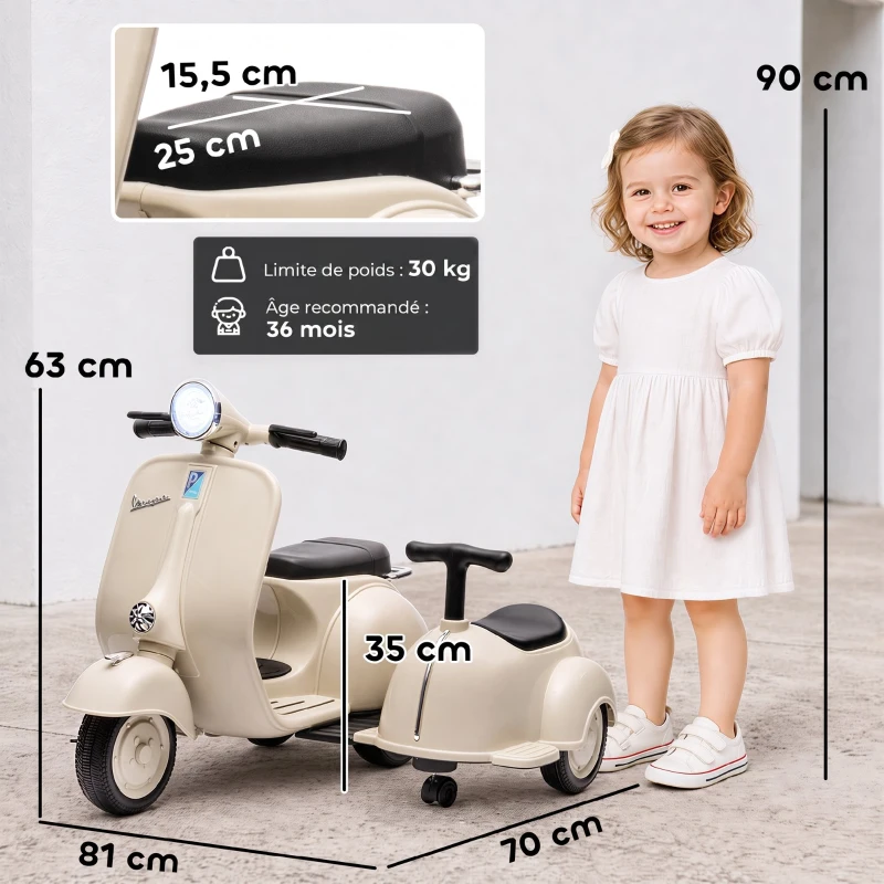 AIYAPLAY Moto Électrique Enfants sous Licence VESPA 6V 2 Places, Vitesse 3-5 Km/h, Démarrage Progressif, Crème